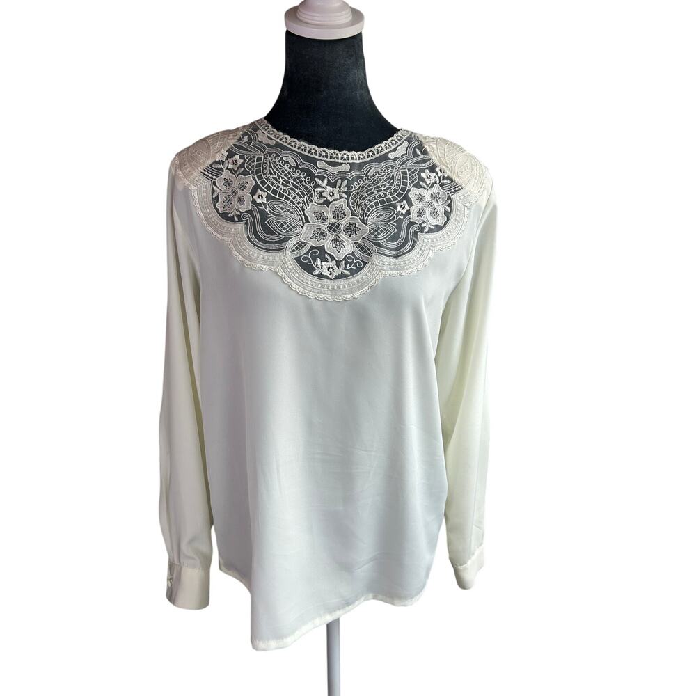 Yves St Clair- Vtg Sz 8 Cream- Blouse- intricate embroidery- long sleeve button